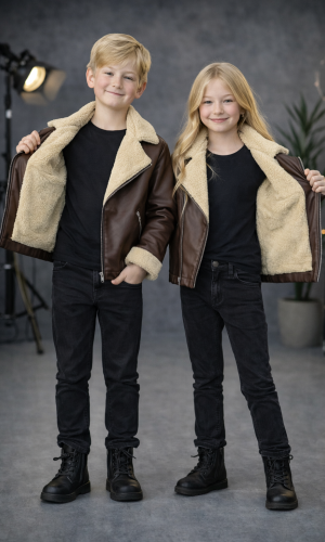 Kids' Unisex Fur-Lined Leather Jacket 5128  - ivory