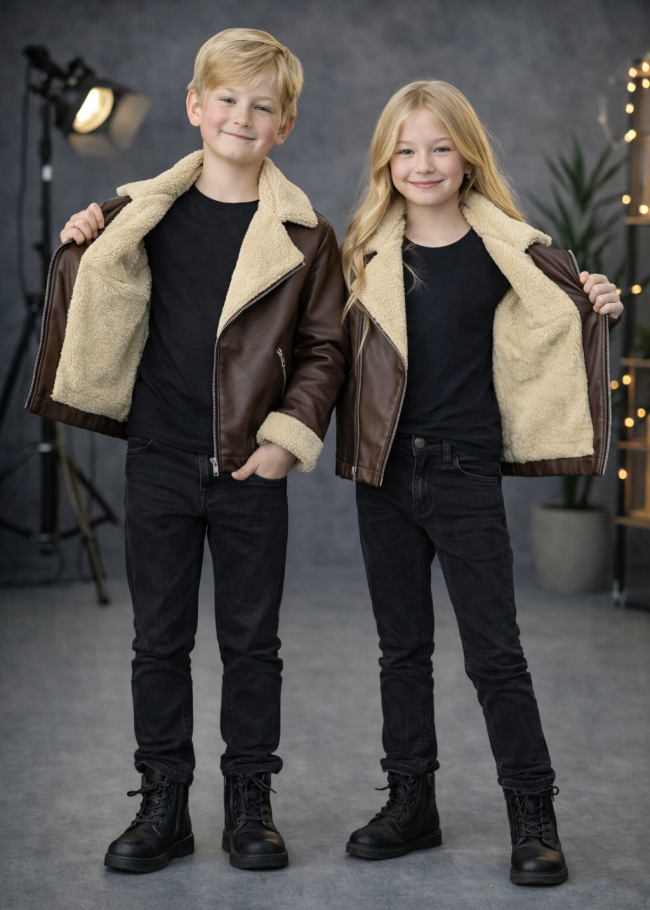 5128 جاكيت جلد ياقة فرو ولادي  - شوكو