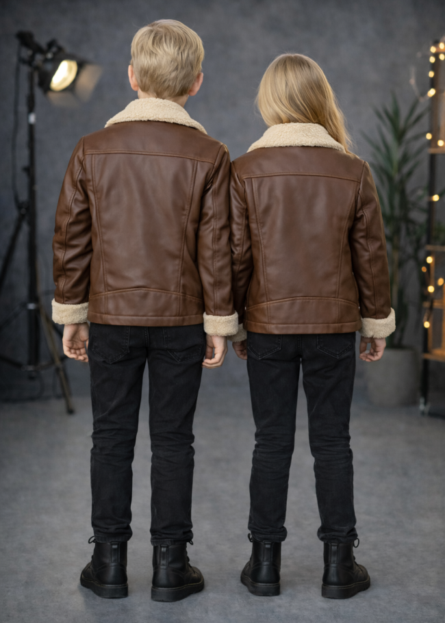 5128 جاكيت جلد ياقة فرو ولادي  - شوكو