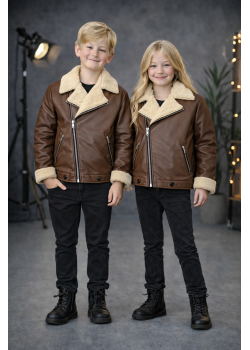 جاكيت جلد صبياني بناتي مبطن فرو 5128  - شوكو