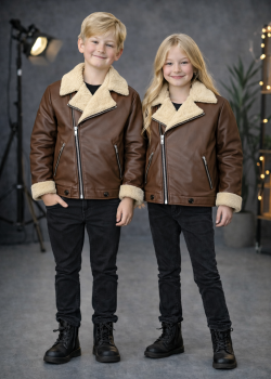 جاكيت جلد صبياني بناتي مبطن فرو 5128  - شوكو