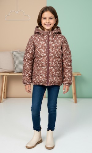 جاكيت بناتي مزهر مبطن فرو 5130  - بني