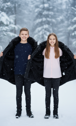 جاكيت باركا شتوي مبطن فرو للأطفال 5138 - اسود