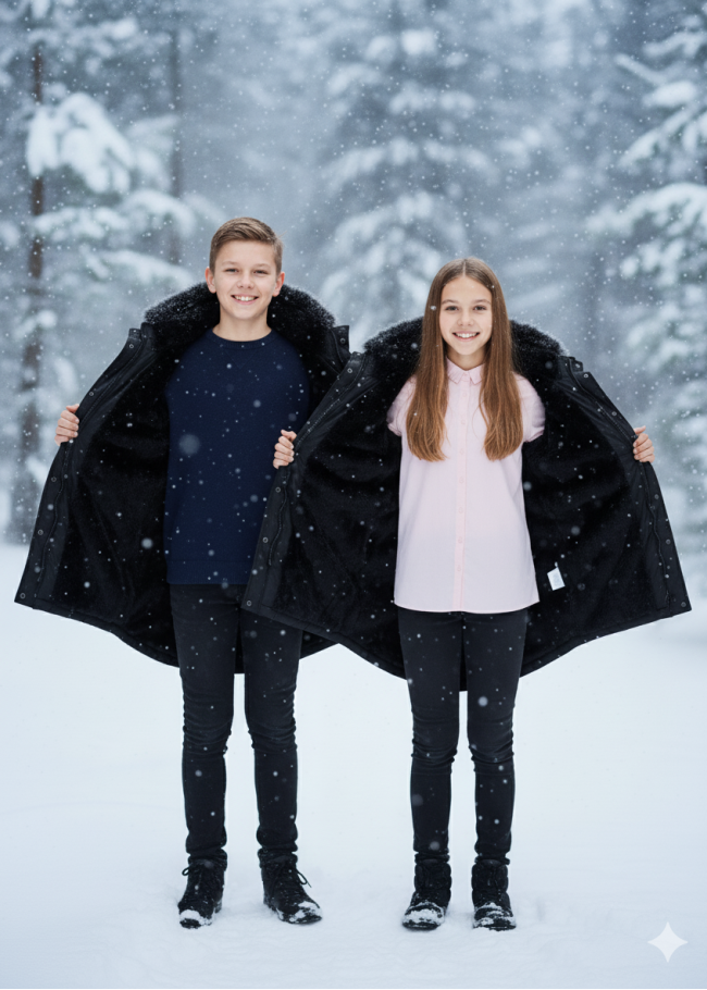 جاكيت باركا شتوي مبطن فرو للأطفال 5138 - اسود