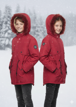 جاكيت باركا شتوي مبطن فرو للأطفال 5138 - احمر