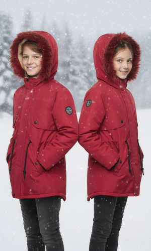 جاكيت باركا شتوي مبطن فرو للأطفال 5138 - احمر