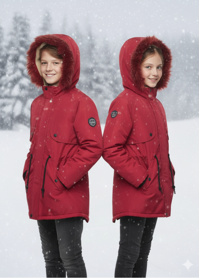 جاكيت باركا شتوي مبطن فرو للأطفال 5138 - احمر