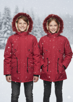 جاكيت باركا شتوي مبطن فرو للأطفال 5138 - احمر