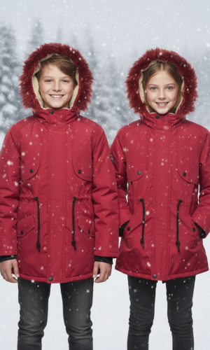جاكيت باركا شتوي مبطن فرو للأطفال 5138 - احمر