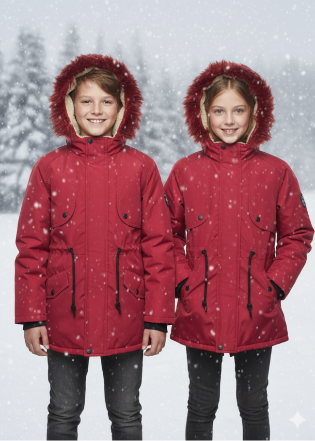 جاكيت باركا شتوي مبطن فرو للأطفال 5138 - احمر