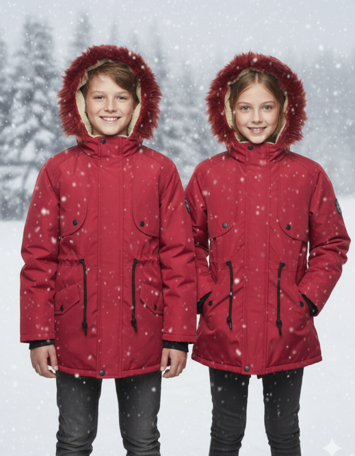 Mit Fell gefütterte Winter-Parka-Jacke für Kinder 5138 - Rot