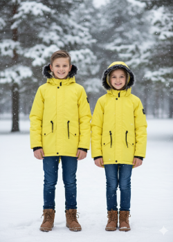 جاكيت باركا شتوي مبطن فرو للأطفال 5138 - اصفر
