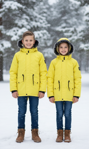 جاكيت باركا شتوي مبطن فرو للأطفال 5138 - اصفر