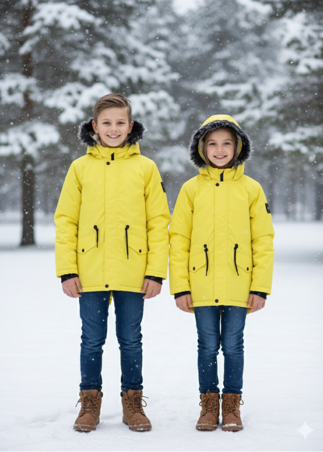 جاكيت باركا شتوي مبطن فرو للأطفال 5138 - اصفر