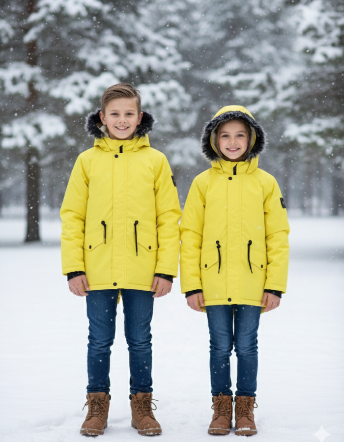 Mit Fell gefütterte Winter-Parka-Jacke für Kinder 5138 - Gelb