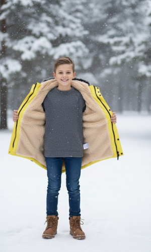 جاكيت باركا شتوي مبطن فرو للأطفال 5138 - اصفر