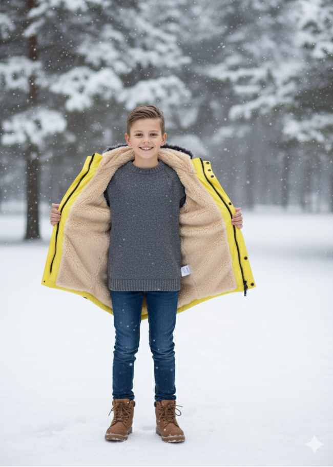 جاكيت باركا شتوي مبطن فرو للأطفال 5138 - اصفر