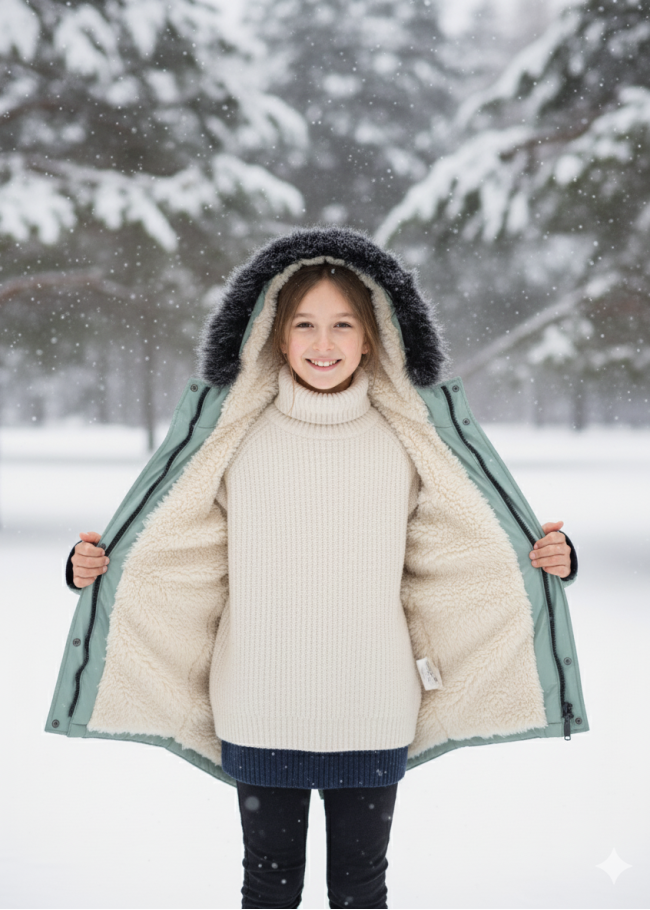 جاكيت باركا شتوي مبطن فرو للأطفال 5138 - عفني