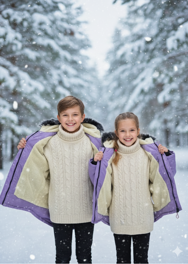 جاكيت باركا شتوي مبطن فرو للأطفال 5138 - موف