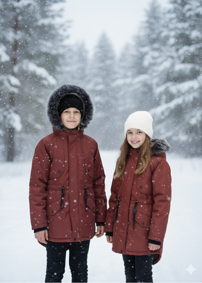 جاكيت باركا شتوي مبطن فرو للأطفال 5138 - قرميدي