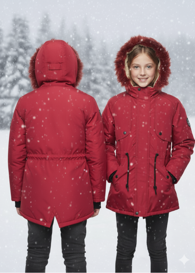 جاكيت باركا شتوي مبطن فرو للأطفال 5138 - احمر