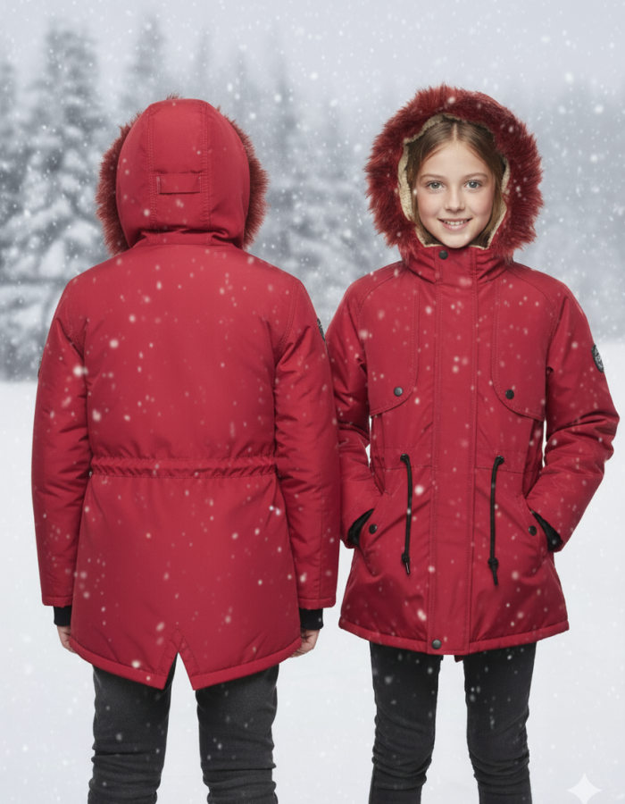 Mit Fell gefütterte Winter-Parka-Jacke für Kinder 5138 - Rot