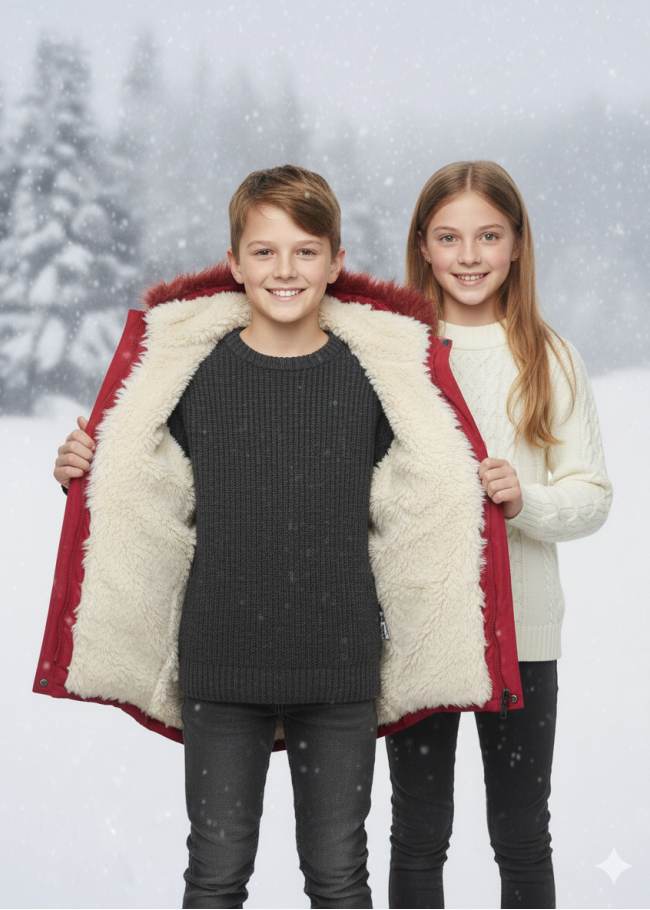 جاكيت باركا شتوي مبطن فرو للأطفال 5138 - احمر