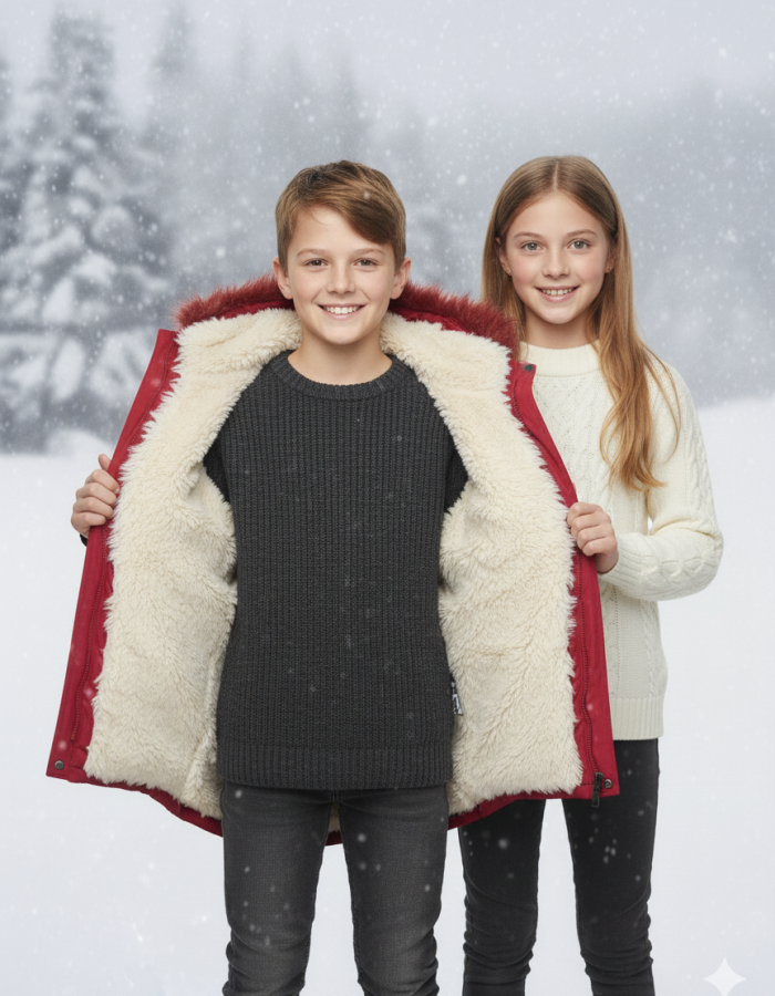 Mit Fell gefütterte Winter-Parka-Jacke für Kinder 5138 - Rot