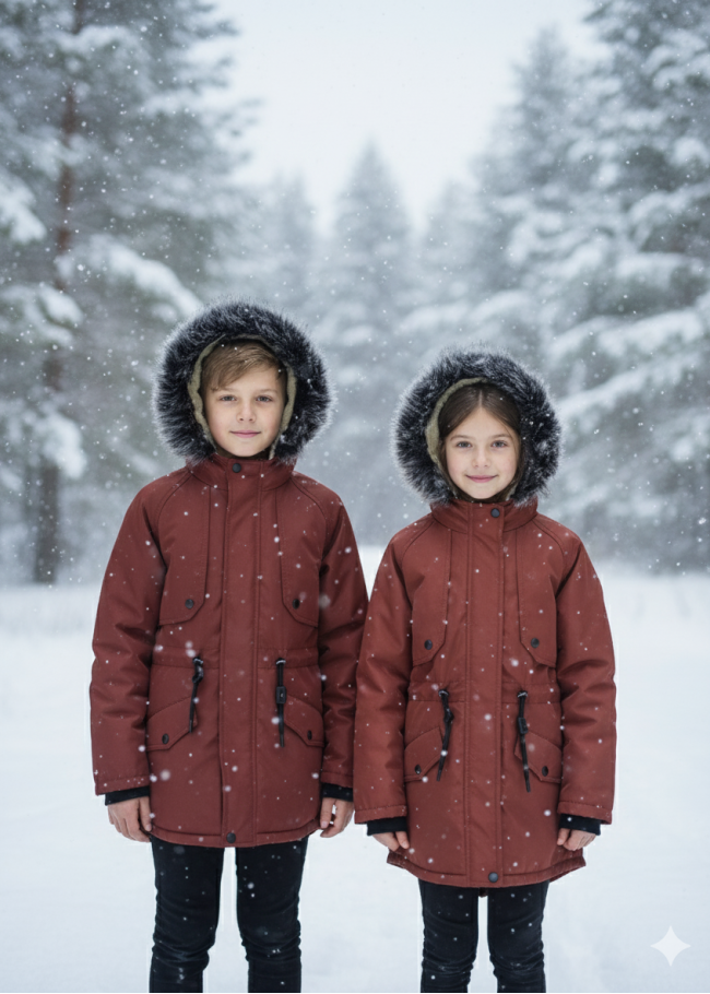 جاكيت باركا شتوي مبطن فرو للأطفال 5138 - قرميدي