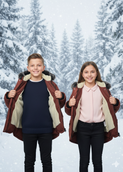 جاكيت باركا شتوي مبطن فرو للأطفال 5138 - قرميدي