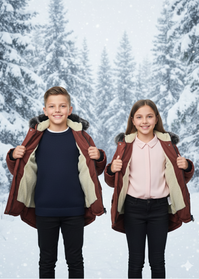 جاكيت باركا شتوي مبطن فرو للأطفال 5138 - قرميدي