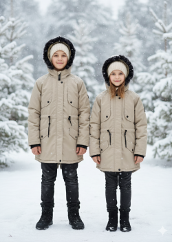 جاكيت باركا شتوي مبطن فرو للأطفال 5138 - بيج