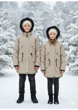 جاكيت باركا شتوي مبطن فرو للأطفال 5138 - بيج