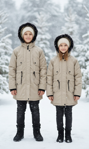 جاكيت باركا شتوي مبطن فرو للأطفال 5138 - بيج