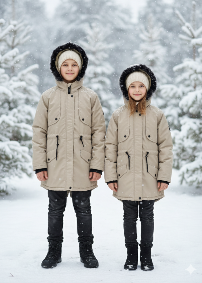 جاكيت باركا شتوي مبطن فرو للأطفال 5138 - بيج