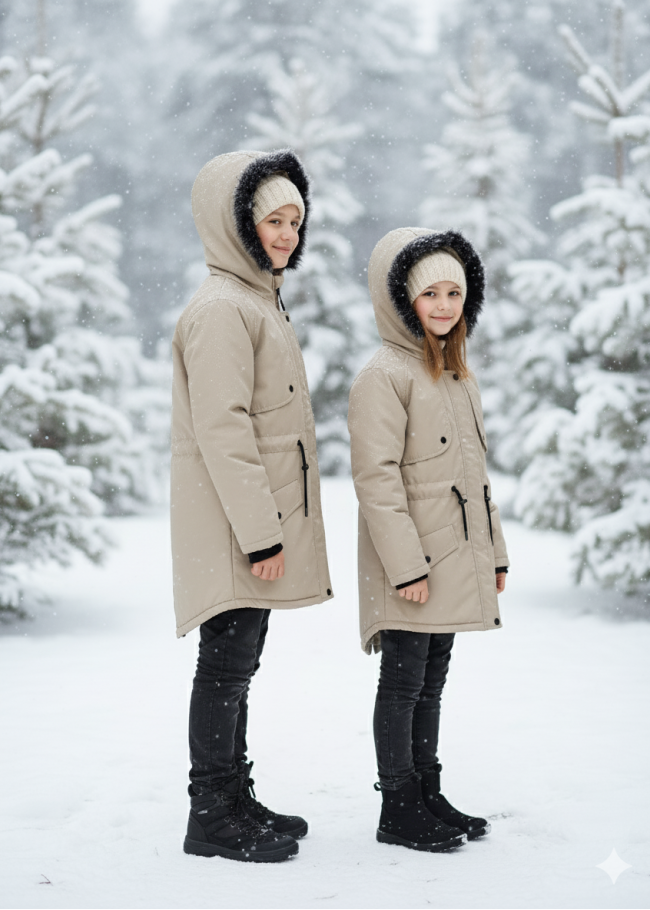 جاكيت باركا شتوي مبطن فرو للأطفال 5138 - بيج