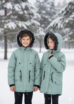 جاكيت باركا شتوي مبطن فرو للأطفال 5138 - عفني