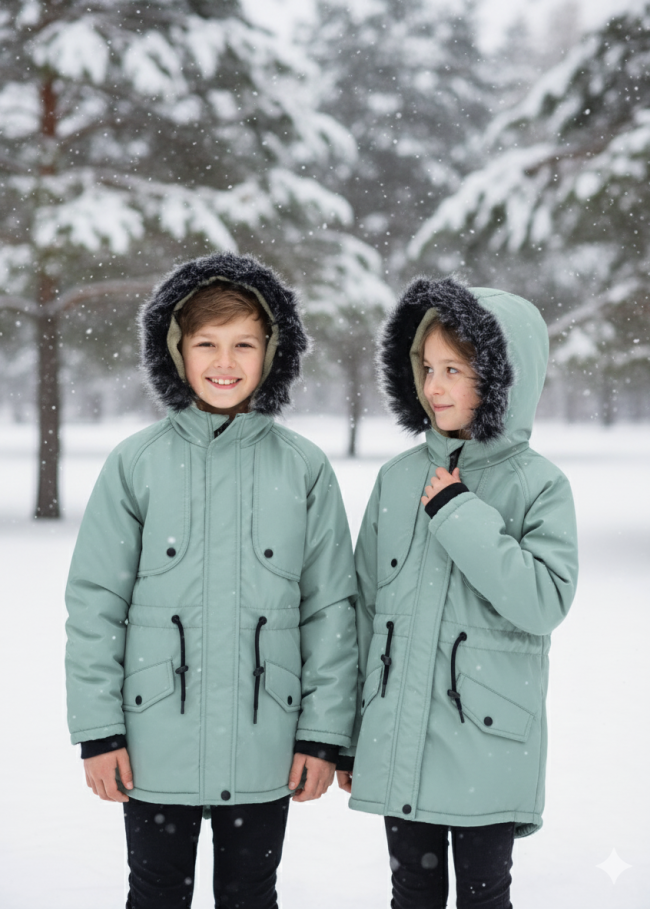 جاكيت باركا شتوي مبطن فرو للأطفال 5138 - عفني