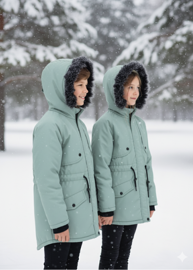 جاكيت باركا شتوي مبطن فرو للأطفال 5138 - عفني