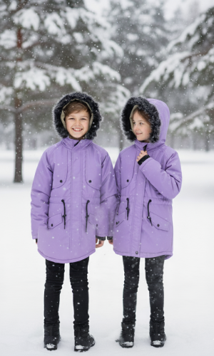 جاكيت باركا شتوي مبطن فرو للأطفال 5138 - موف