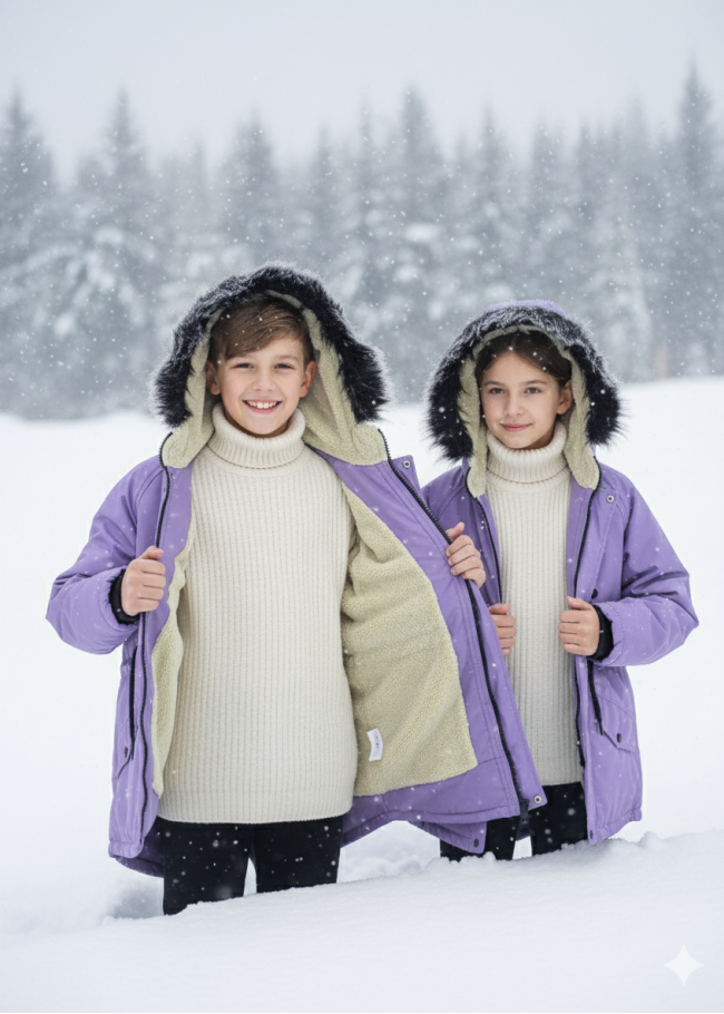 جاكيت باركا شتوي مبطن فرو للأطفال 5138 - موف