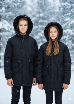 جاكيت باركا شتوي مبطن فرو للأطفال 5138 - اسود