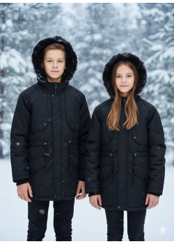 جاكيت باركا شتوي مبطن فرو للأطفال 5138 - اسود