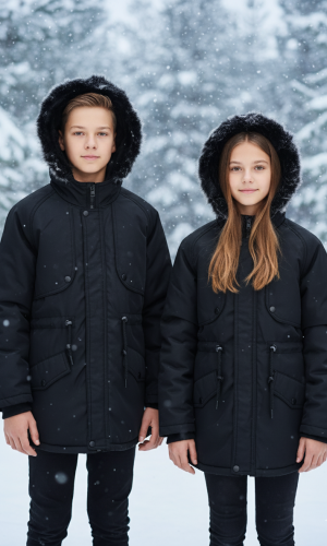 جاكيت باركا شتوي مبطن فرو للأطفال 5138 - اسود