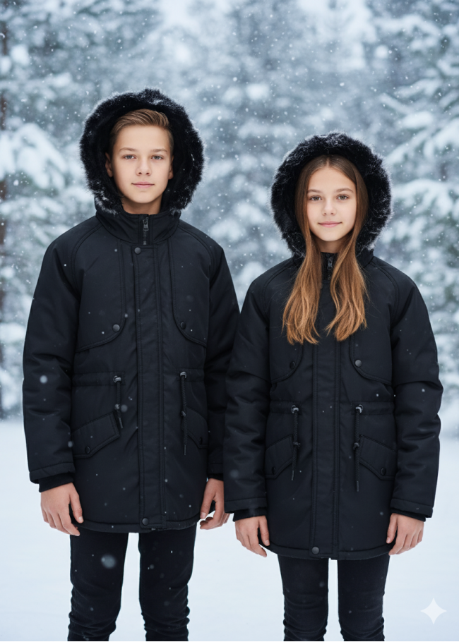 جاكيت باركا شتوي مبطن فرو للأطفال 5138 - اسود