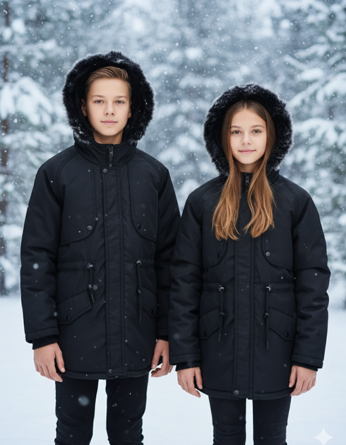 Mit Fell gefütterte Winter-Parka-Jacke für Kinder 5138 - Schwarz