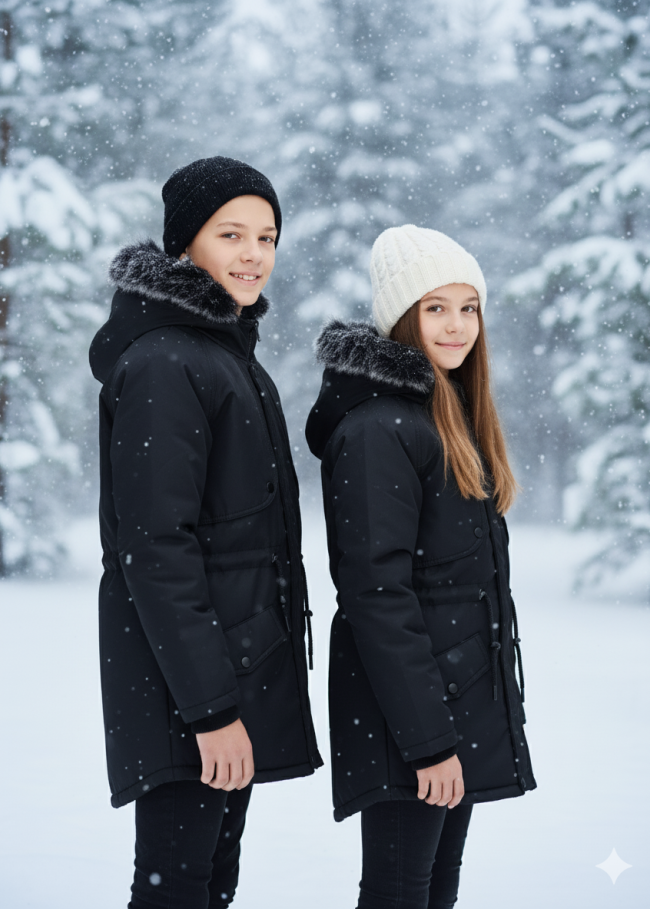 جاكيت باركا شتوي مبطن فرو للأطفال 5138 - اسود