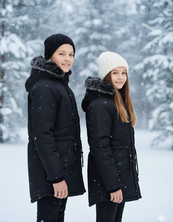Mit Fell gefütterte Winter-Parka-Jacke für Kinder 5138 - Schwarz