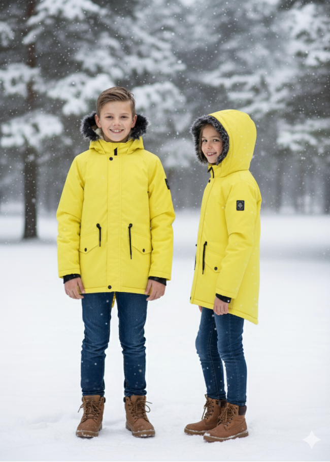 جاكيت باركا شتوي مبطن فرو للأطفال 5138 - اصفر