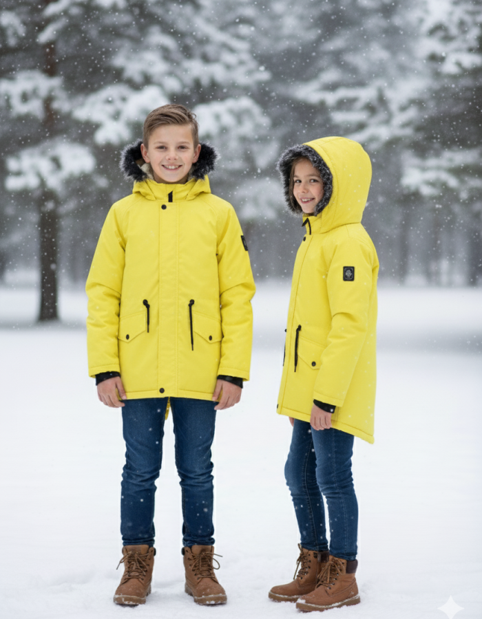 Mit Fell gefütterte Winter-Parka-Jacke für Kinder 5138 - Gelb